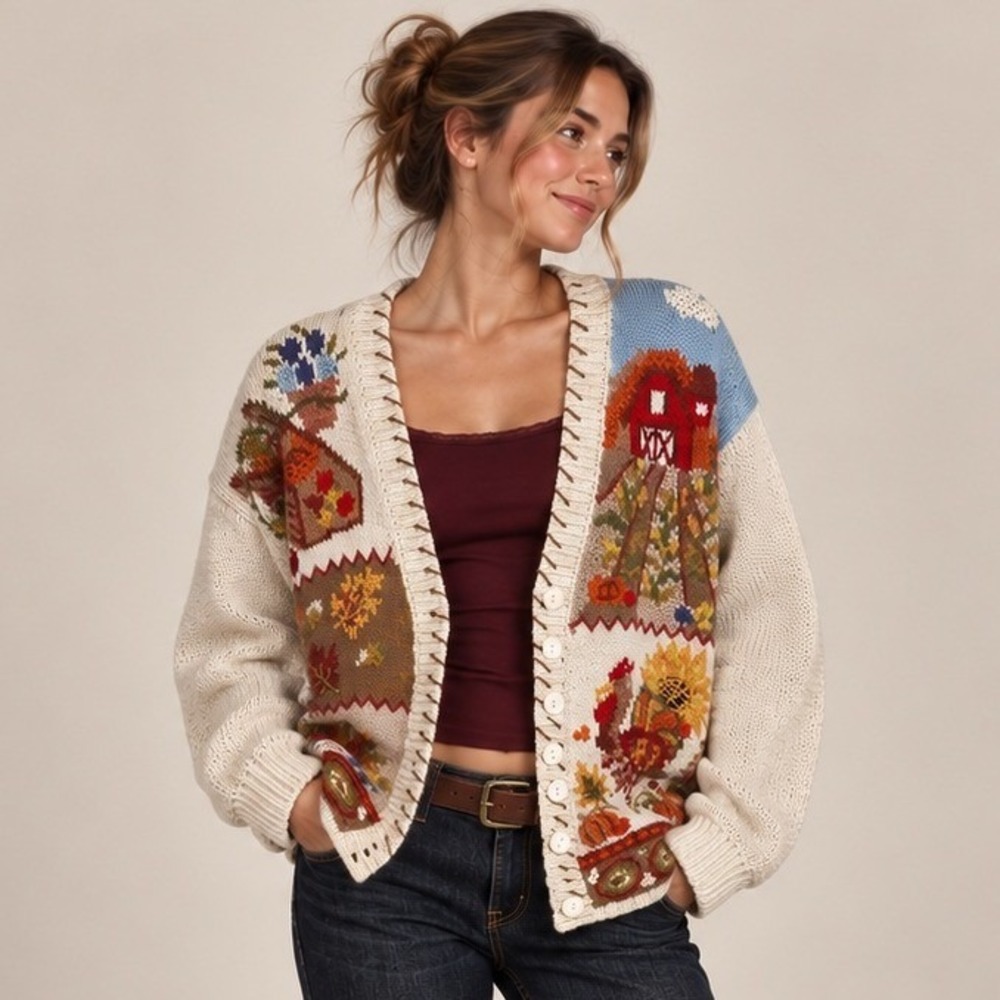 Beldoch Popper Vintage Storybook Harvest Cardigan Sweater Cream Large Autumn